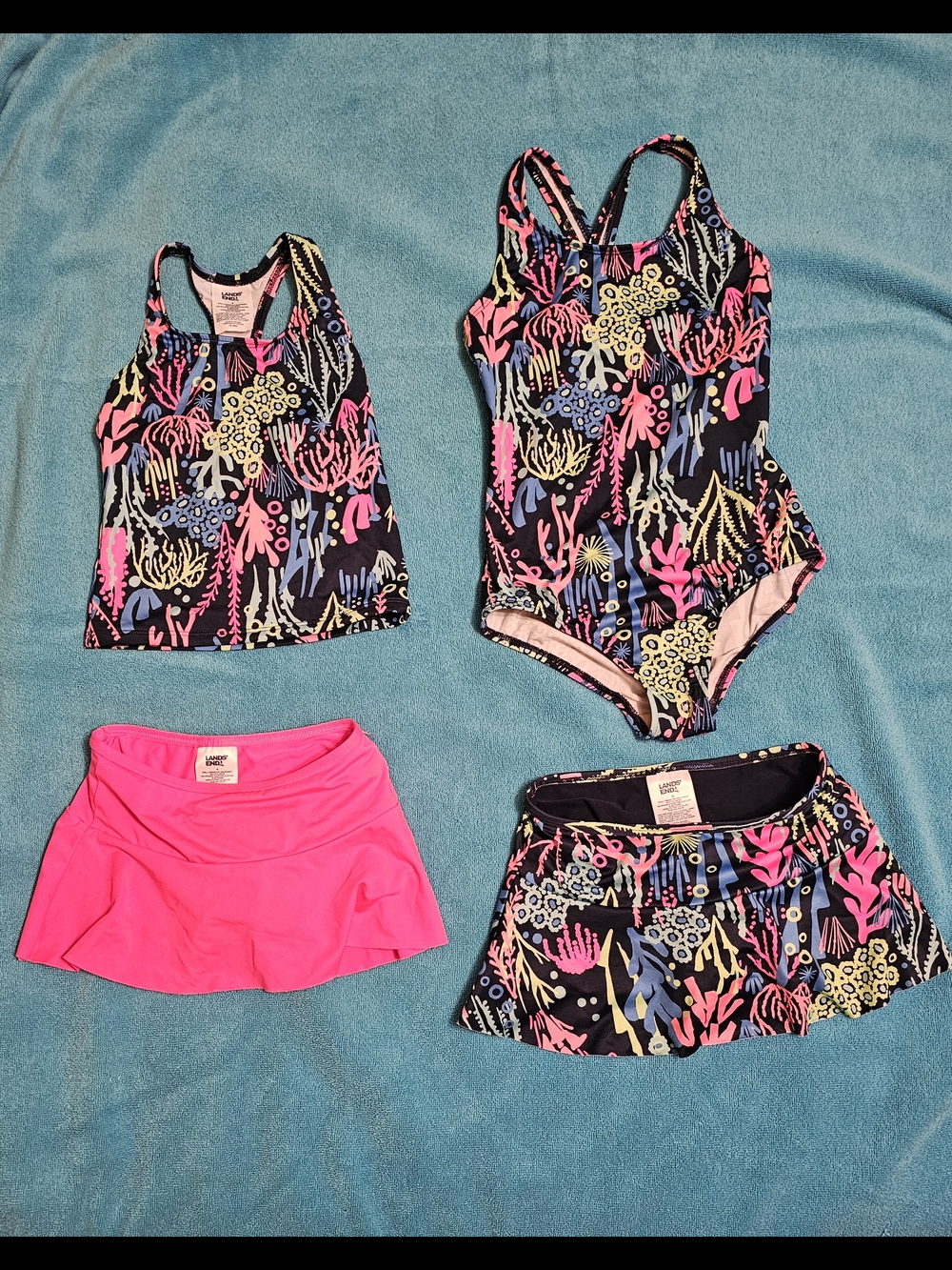 Lands' End Navy Swimsuits with Neon Pink & Multicolor Coral Print